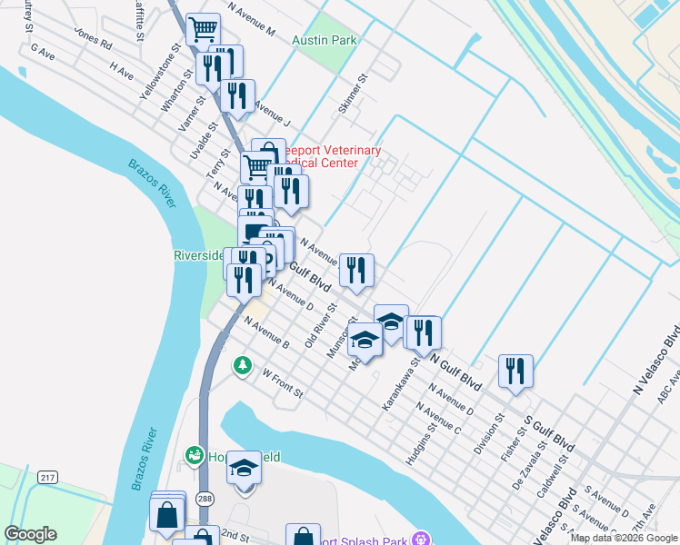 map of restaurants, bars, coffee shops, grocery stores, and more near in Freeport