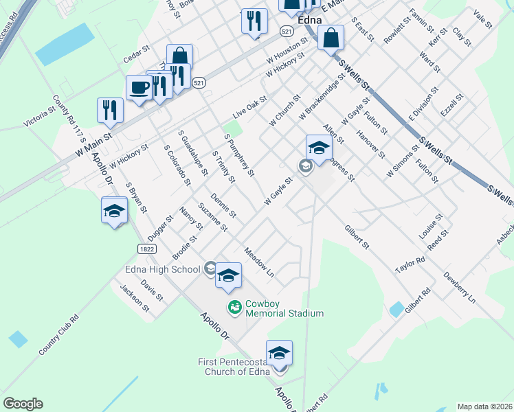 map of restaurants, bars, coffee shops, grocery stores, and more near 414 South Trinity Street in Edna