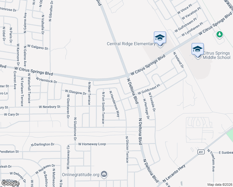 map of restaurants, bars, coffee shops, grocery stores, and more near 7145 North Henderson Way in Citrus Springs
