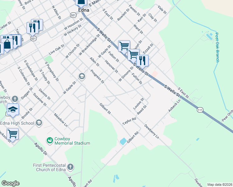 map of restaurants, bars, coffee shops, grocery stores, and more near 807 South Progress Street in Edna