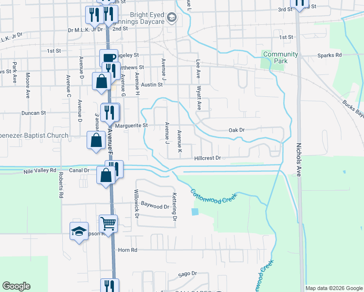 map of restaurants, bars, coffee shops, grocery stores, and more near 2109 Hillcrest Drive in Bay City
