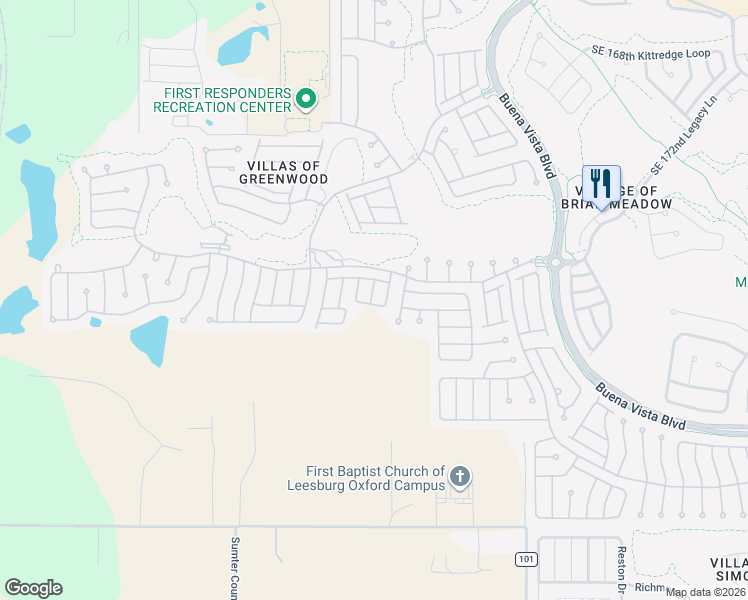 map of restaurants, bars, coffee shops, grocery stores, and more near 17387 Southeast 78th Harmony Circle in The Villages