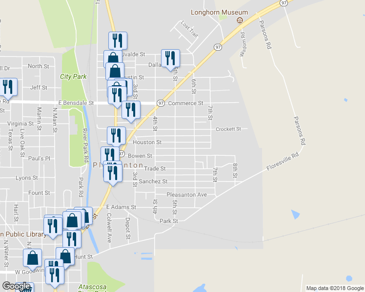 map of restaurants, bars, coffee shops, grocery stores, and more near 816 Houston Street in Pleasanton