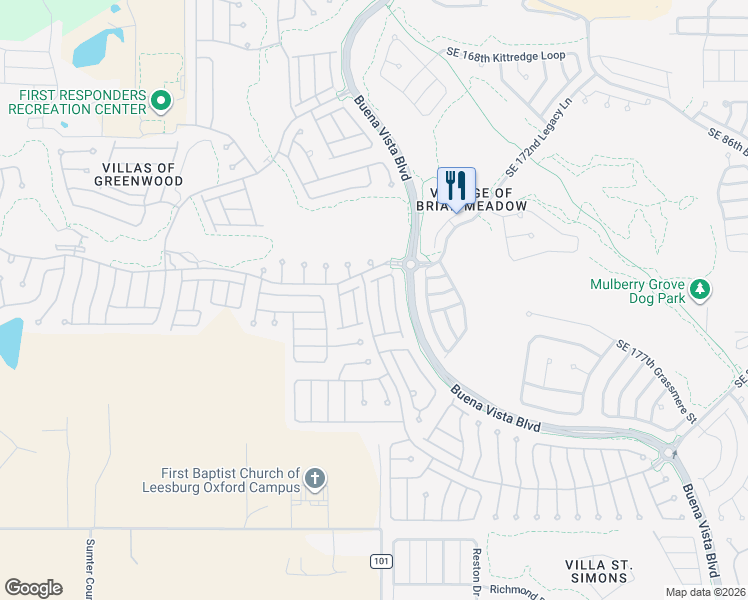 map of restaurants, bars, coffee shops, grocery stores, and more near 17461 Southeast 82nd Albemarle Avenue in The Villages