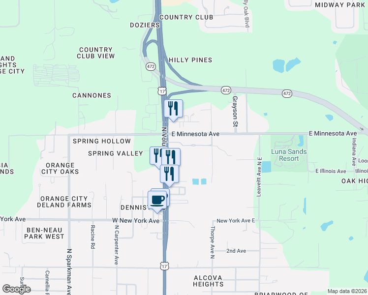 map of restaurants, bars, coffee shops, grocery stores, and more near 2350 North Volusia Avenue in Orange City