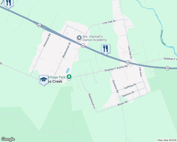 map of restaurants, bars, coffee shops, grocery stores, and more near in Jones Creek