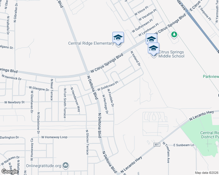 map of restaurants, bars, coffee shops, grocery stores, and more near 271 West Goldcoast Place in Citrus Springs