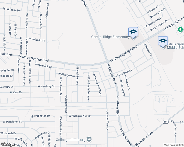 map of restaurants, bars, coffee shops, grocery stores, and more near 7185 North Glenridge Circle in Citrus Springs