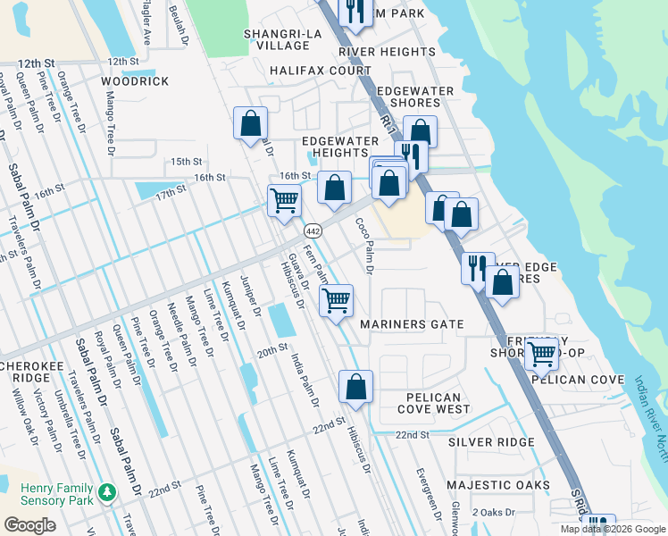 map of restaurants, bars, coffee shops, grocery stores, and more near 1860 Date Palm Drive in Edgewater