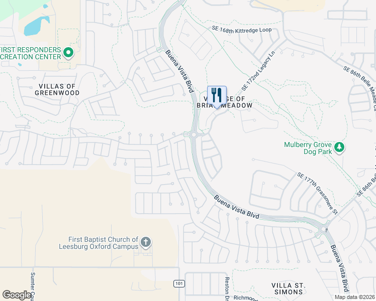 map of restaurants, bars, coffee shops, grocery stores, and more near 17329 Southeast 82nd Pecan Terrace in The Villages