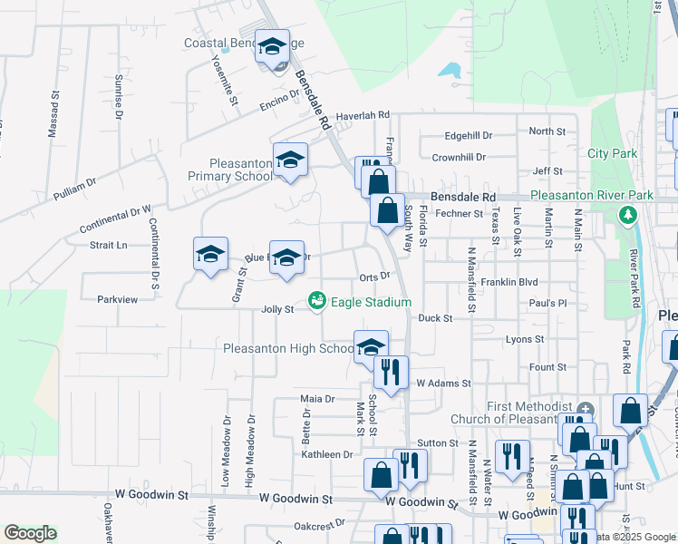 map of restaurants, bars, coffee shops, grocery stores, and more near 1043 Blue Bonnet Drive in Pleasanton