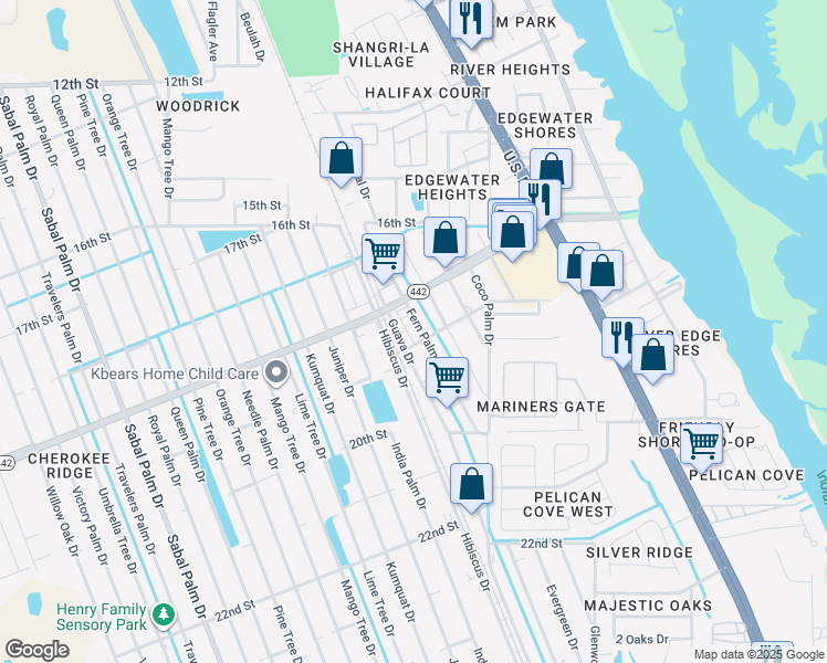 map of restaurants, bars, coffee shops, grocery stores, and more near 1851 Fern Palm Drive in Edgewater