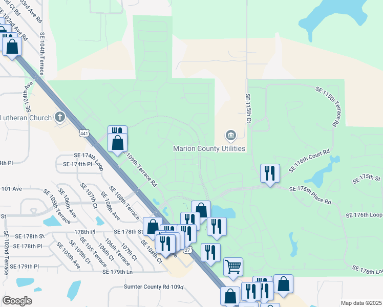 map of restaurants, bars, coffee shops, grocery stores, and more near 17370 Southeast 111th Court in Summerfield