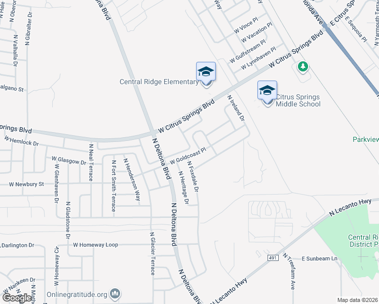 map of restaurants, bars, coffee shops, grocery stores, and more near 271 West Goldcoast Place in Citrus Springs
