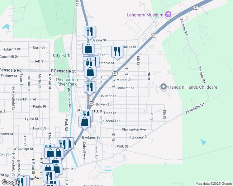 map of restaurants, bars, coffee shops, grocery stores, and more near 701 Houston Street in Pleasanton