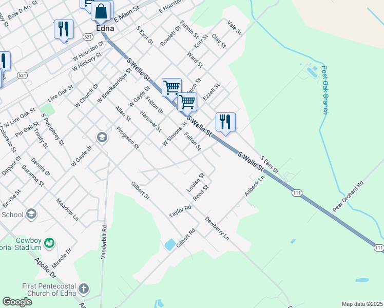 map of restaurants, bars, coffee shops, grocery stores, and more near 207 Sunset Drive in Edna