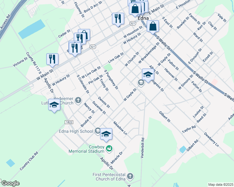 map of restaurants, bars, coffee shops, grocery stores, and more near 409 South Pumphrey Street in Edna