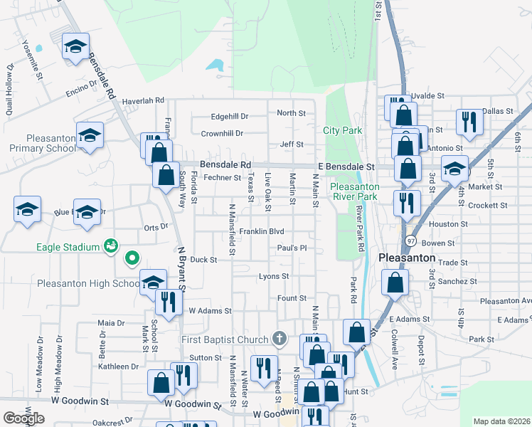 map of restaurants, bars, coffee shops, grocery stores, and more near 1201 Live Oak Street in Pleasanton