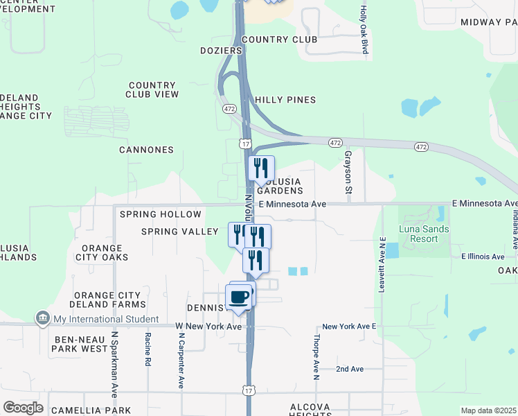map of restaurants, bars, coffee shops, grocery stores, and more near 2540 North Volusia Avenue in Orange City