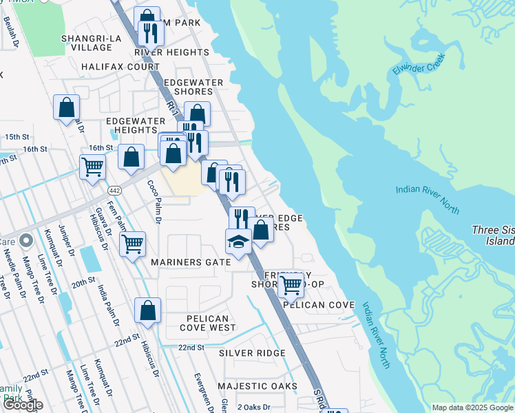 map of restaurants, bars, coffee shops, grocery stores, and more near 121 Pelican Place in Edgewater