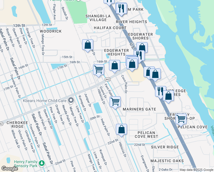 map of restaurants, bars, coffee shops, grocery stores, and more near 1851 Fern Palm Drive in Edgewater