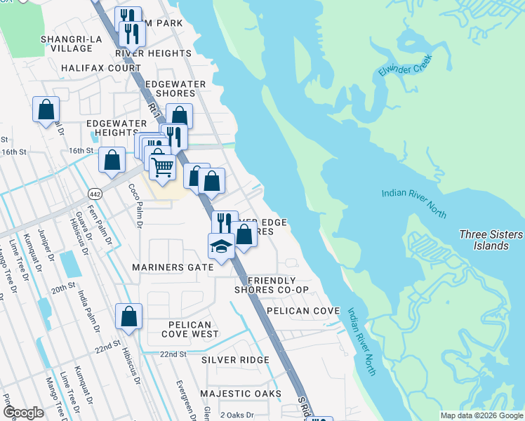 map of restaurants, bars, coffee shops, grocery stores, and more near 2023 South Riverside Drive in Edgewater