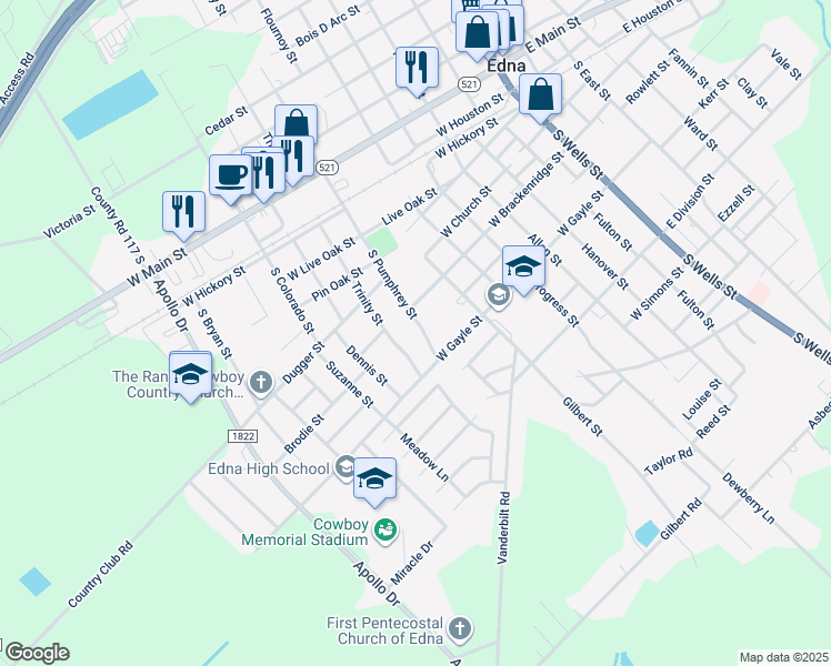 map of restaurants, bars, coffee shops, grocery stores, and more near 409 South Pumphrey Street in Edna
