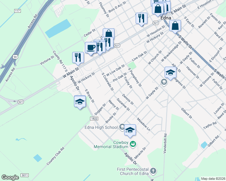 map of restaurants, bars, coffee shops, grocery stores, and more near 286 South Colorado Street in Edna