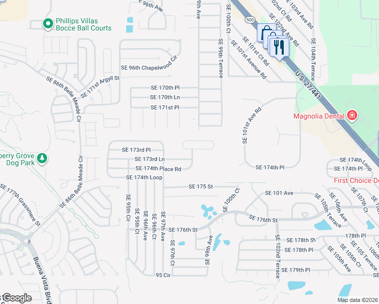 map of restaurants, bars, coffee shops, grocery stores, and more near 17302 Southeast 98th Circle in Summerfield