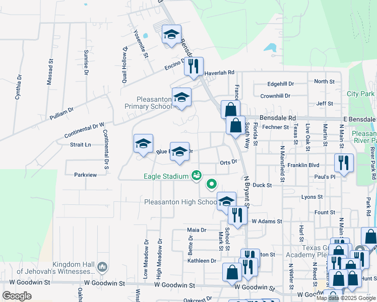 map of restaurants, bars, coffee shops, grocery stores, and more near 1043 Blue Bonnet Drive in Pleasanton