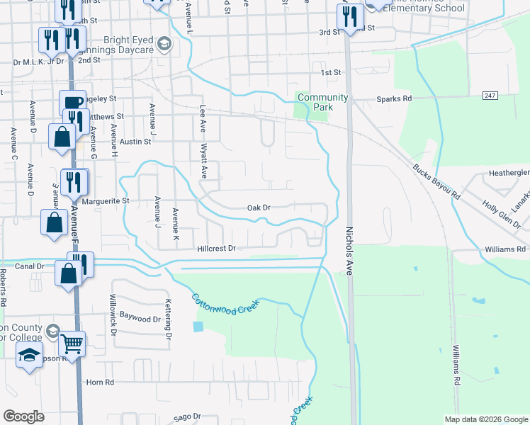 map of restaurants, bars, coffee shops, grocery stores, and more near 2616 Oak Drive in Bay City