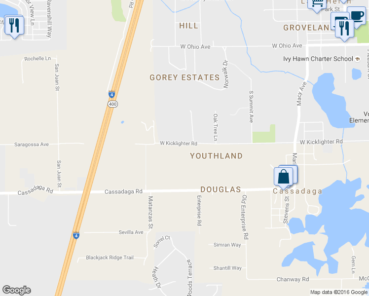 map of restaurants, bars, coffee shops, grocery stores, and more near 815 West Kicklighter Road in Lake Helen