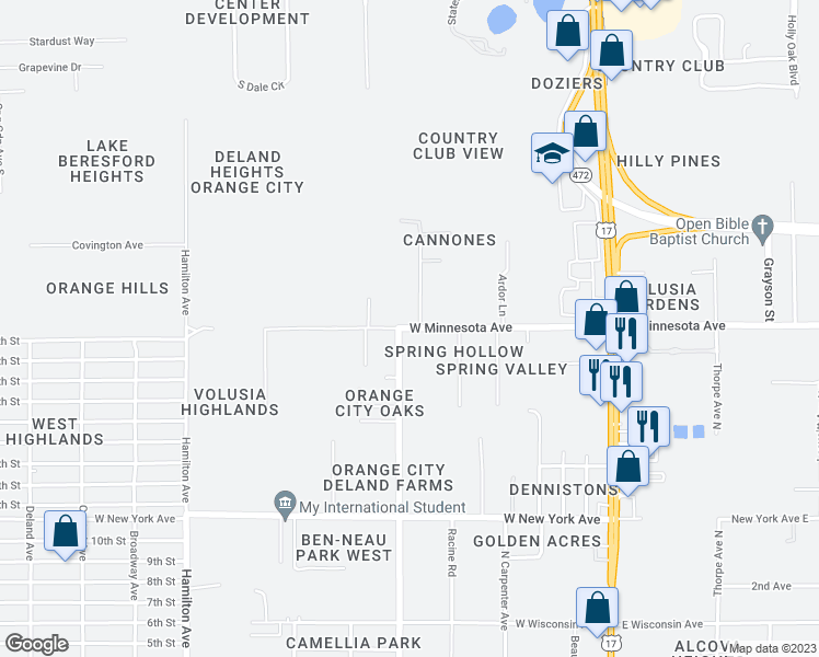map of restaurants, bars, coffee shops, grocery stores, and more near 690 West Minnesota Avenue in Orange City