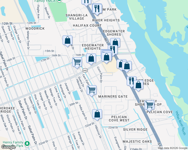 map of restaurants, bars, coffee shops, grocery stores, and more near 1860 Date Palm Drive in Edgewater