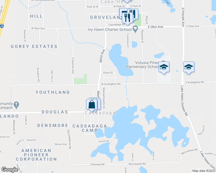 map of restaurants, bars, coffee shops, grocery stores, and more near 127 East Kicklighter Road in Lake Helen
