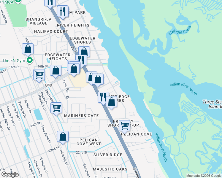 map of restaurants, bars, coffee shops, grocery stores, and more near 121 Pelican Place in Edgewater