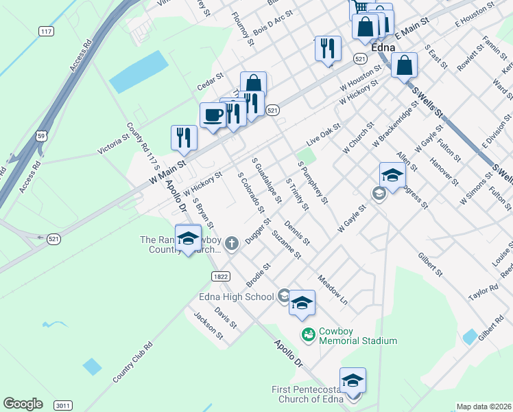 map of restaurants, bars, coffee shops, grocery stores, and more near 200-298 South Colorado Street in Edna