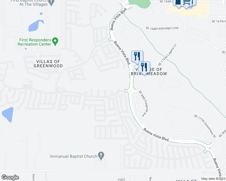 map of restaurants, bars, coffee shops, grocery stores, and more near 17301 Southeast 82nd Pecan Terrace in The Villages