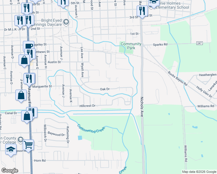 map of restaurants, bars, coffee shops, grocery stores, and more near 2616 Oak Drive in Bay City