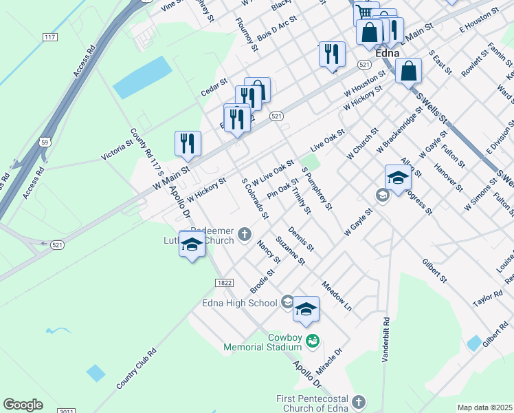 map of restaurants, bars, coffee shops, grocery stores, and more near 200-298 South Colorado Street in Edna