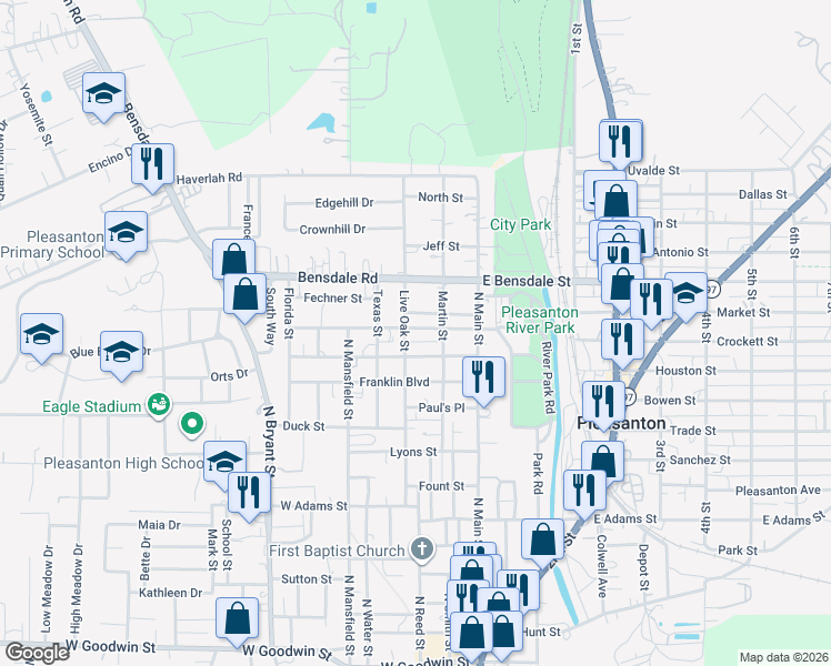 map of restaurants, bars, coffee shops, grocery stores, and more near 1201 Live Oak Street in Pleasanton
