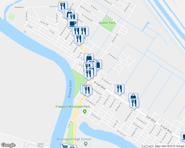 map of restaurants, bars, coffee shops, grocery stores, and more near Nolan Ryan Expressway in Freeport