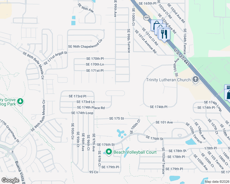 map of restaurants, bars, coffee shops, grocery stores, and more near 17240 Southeast 99th Avenue in Summerfield