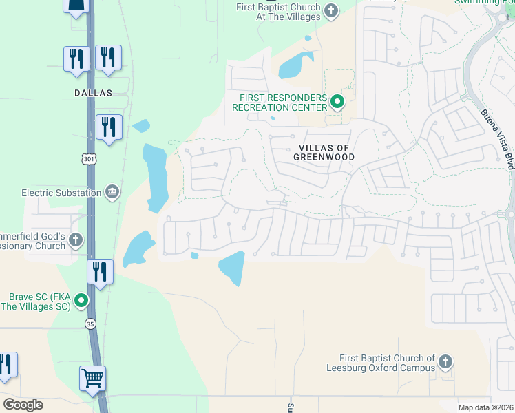 map of restaurants, bars, coffee shops, grocery stores, and more near 7391 Southeast 172nd Legacy Lane in The Villages
