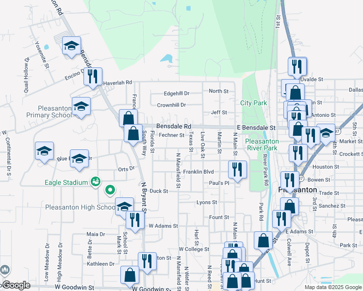 map of restaurants, bars, coffee shops, grocery stores, and more near 1215 Texas Street in Pleasanton