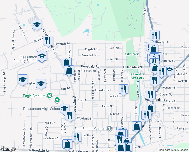 map of restaurants, bars, coffee shops, grocery stores, and more near 1215 Texas Street in Pleasanton