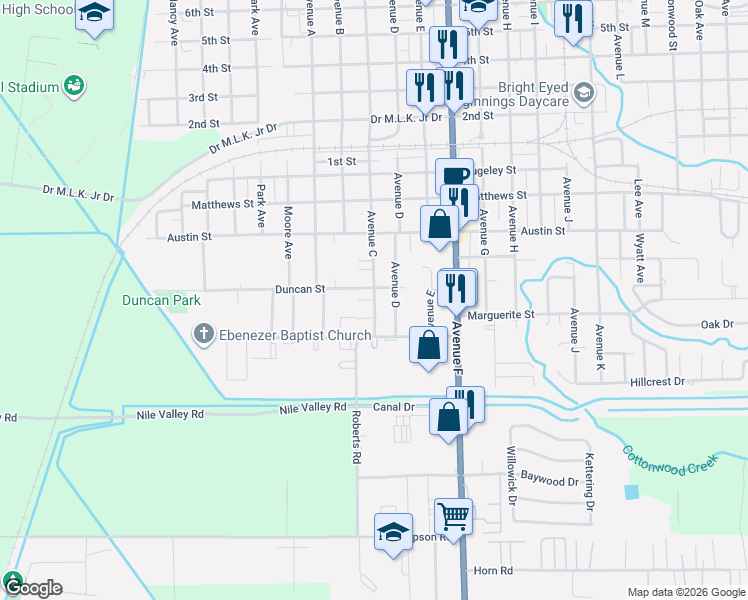 map of restaurants, bars, coffee shops, grocery stores, and more near 3201 Avenue C in Bay City