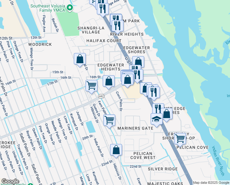 map of restaurants, bars, coffee shops, grocery stores, and more near 1846 Coco Palm Drive in Edgewater