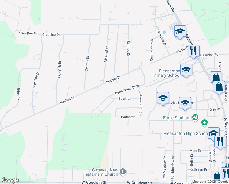 map of restaurants, bars, coffee shops, grocery stores, and more near 1732 Continental Drive West in Pleasanton