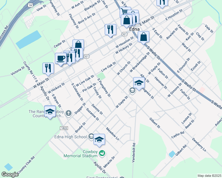 map of restaurants, bars, coffee shops, grocery stores, and more near 708 West Brackenridge Street in Edna